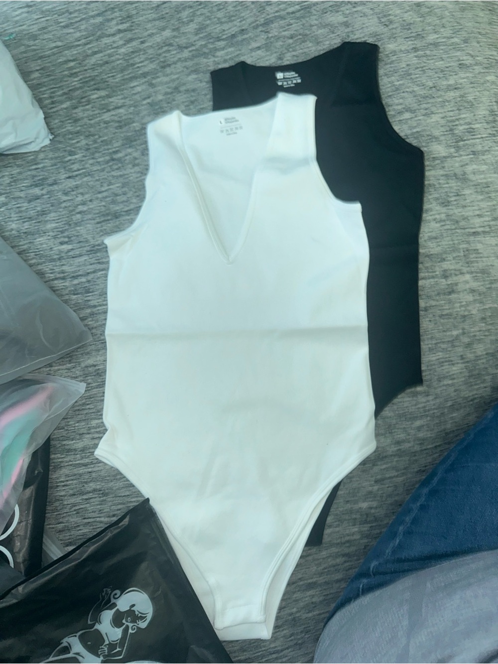 V-Neck White Ribbed Bodysuit - Unbranded